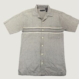 No Boundaries Button Down Mens Small Khaki Y2K Plaid Striped Camp Shirt Cotton